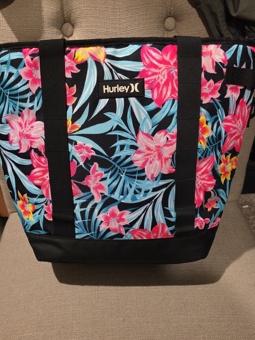 Hurley Black Floral Tote with Pink and Blue Tropical Print